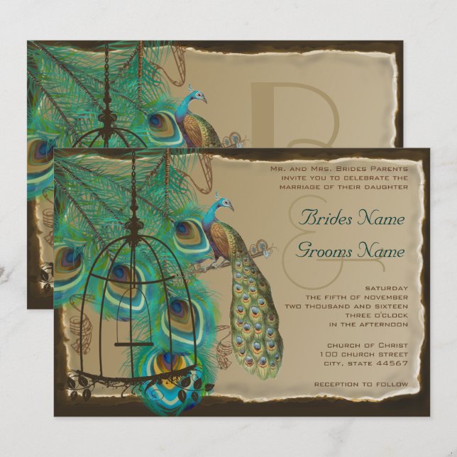 Musical Peacock Bird Cage Feather Burnt Parchment Einladung (Vorne/Hinten)