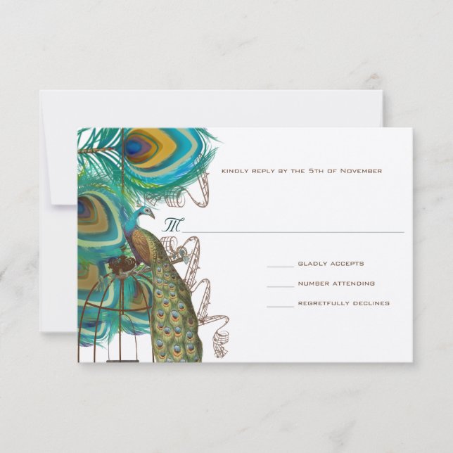 Musical Peacock Bird Cage Feather Wedding RSVP (Vorderseite)