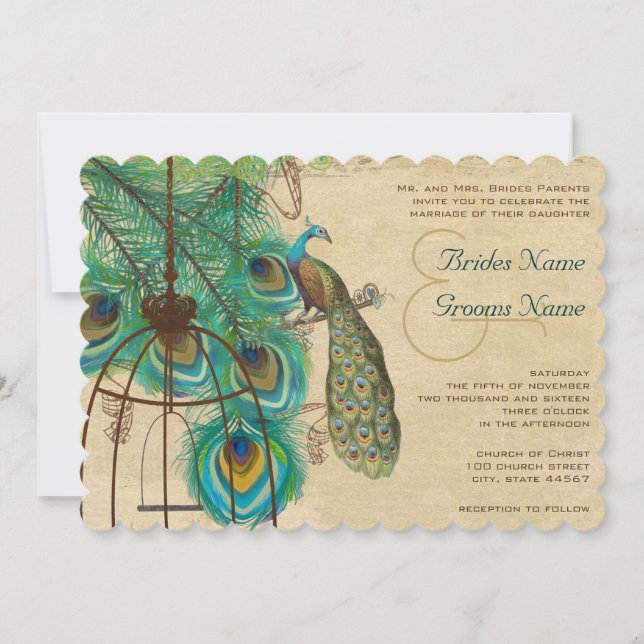 Musical Peacock Bird Cage Feather Wedidng Einladun Einladung (Vorderseite)