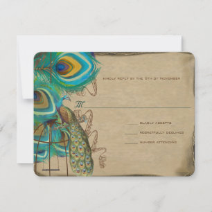 Musical Peacock Bird Cage Feather Wedidng UAWG RSVP Karte