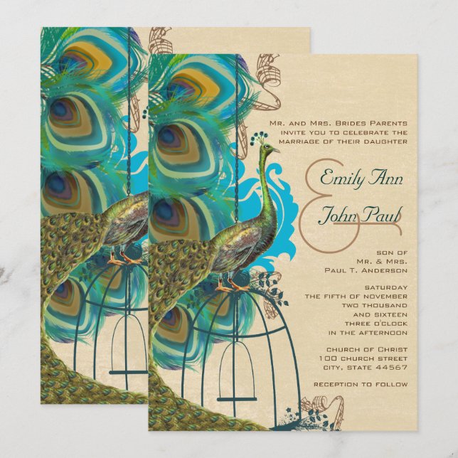 Musical Peacock Bird Cage Plume Météo Invitations (Devant / Derrière)
