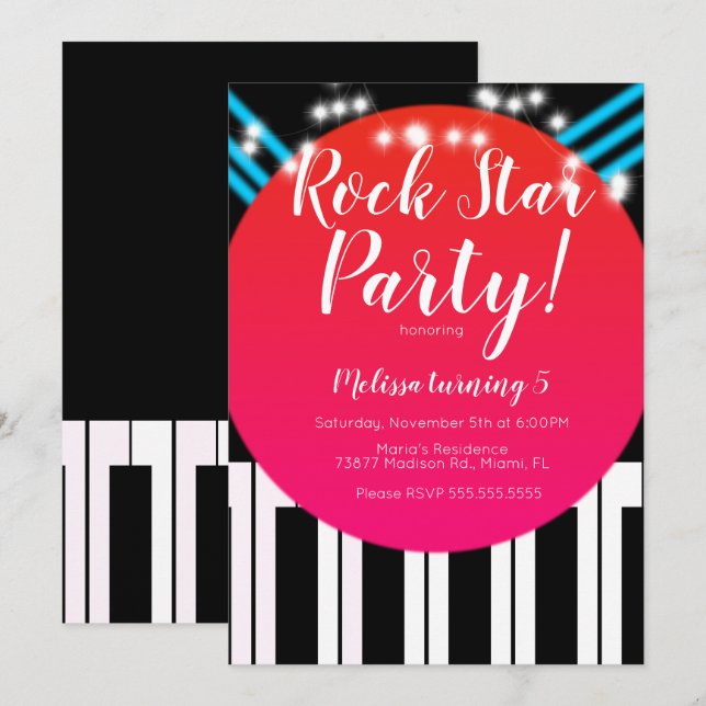 Musical Piano Rockstar Geburtstagsparty Einladung (Vorne/Hinten)