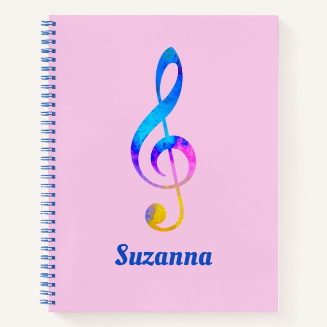 Musical Rainbow Swirl Treble Clef und Name Rosa Notizbuch (Vorderseite)