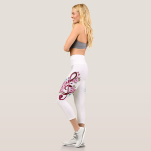 Musical treble clef notes with Sakura flowers Capri Leggings