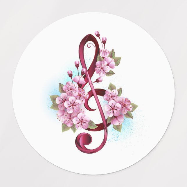 Musical treble clef notes with Sakura flowers Etiketten (Design 1)