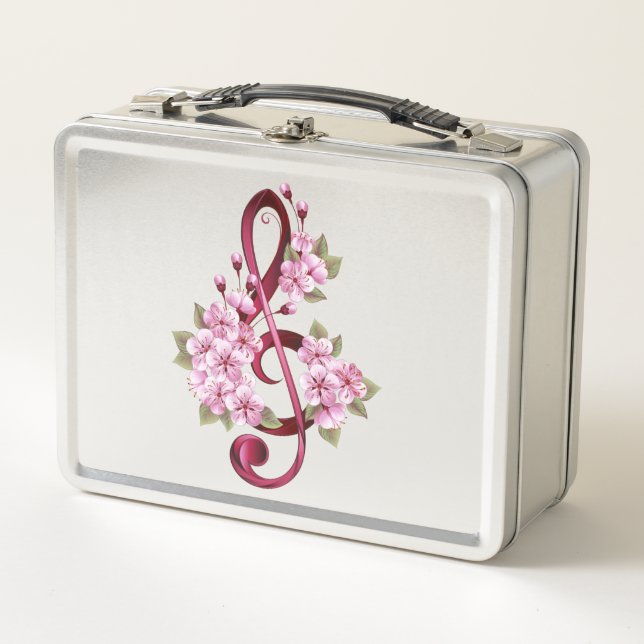 Musical treble clef notes with Sakura flowers Metall Brotdose (Vorderseite)