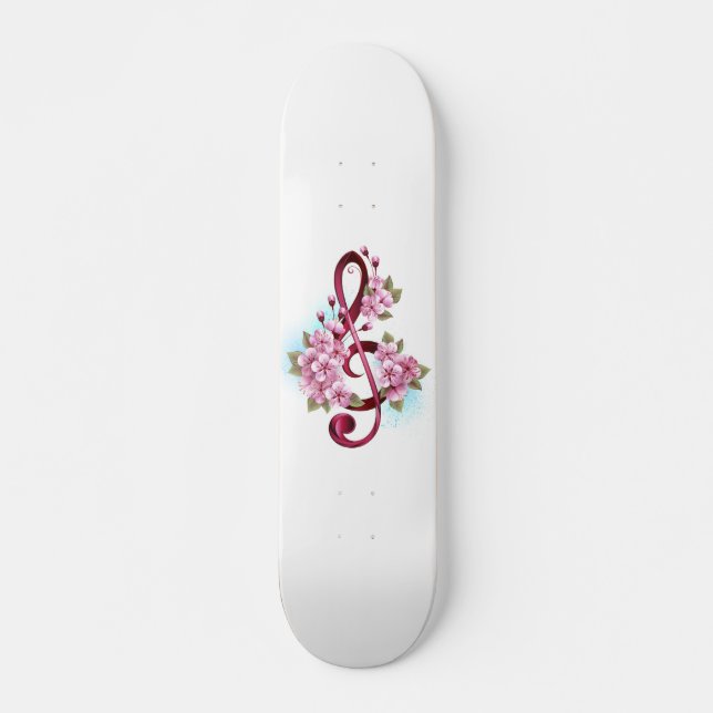 Musical treble clef notes with Sakura flowers Skateboard (Vorne)
