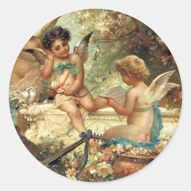 Musician Angels von Hans Zatzka, Viktorianische Ku Runder Aufkleber (Vorderseite)