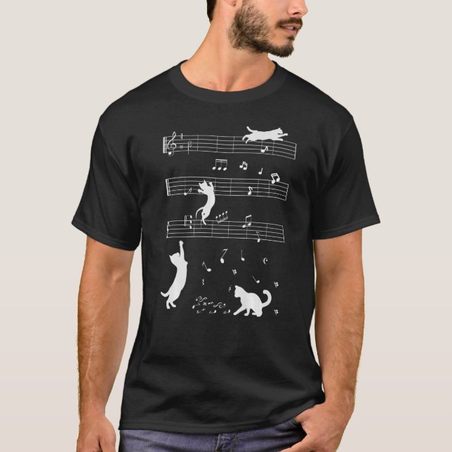 Musician Cat Niedlich Kitty Playing Musiknote Clef T-Shirt (Vorderseite)