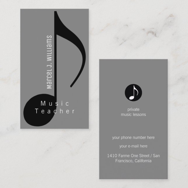 Musician Gray Business Card mit musikalischer Note Visitenkarte (Vorne/Hinten)