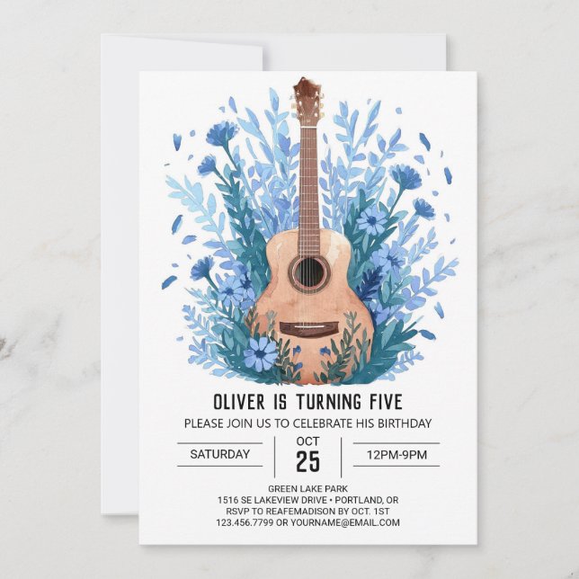 Musician's Wildblumen Gitarre Boy Geburtstag Einladung (Vorderseite)