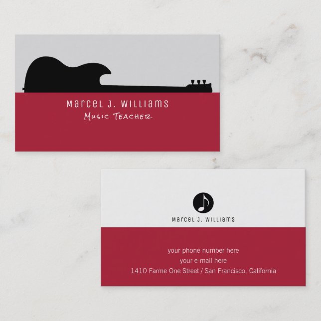 musicien carte de visite rouge avec guitare noire (Devant / Derrière)