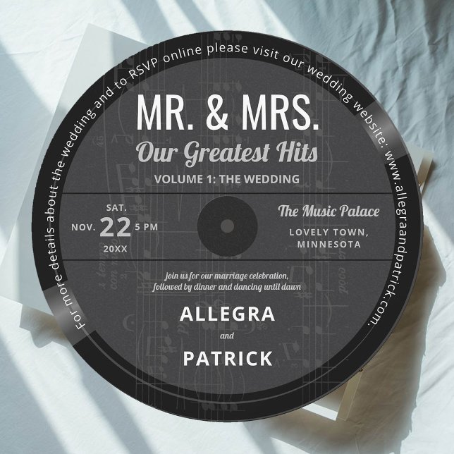 Musik Beste Hits Retro Vintag Black Wedding Einladung (music wedding invitation vinyl record vintage retro mr mrs greatest hits fall black white)