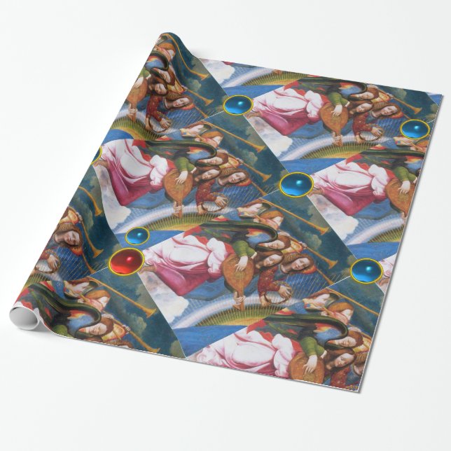MUSIK-CHRISTMAS-ANGELN MIT ROTEN BLAUEN GEMSTONS GESCHENKPAPIER (Ungerollt)