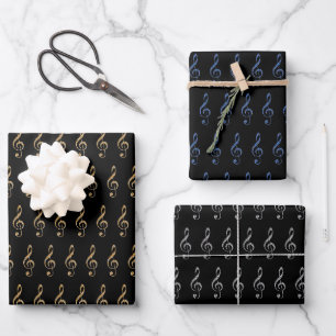 Musik Clefs in Gold, Blau, Silber und Schwarz Geschenkpapier Set