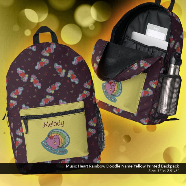 Musik Herz Rainbow Doodle Name Gelb Bedruckter Rucksack (Heart the Beat Rainbow Doodle  Design Backpack: Personalized with Owner's Name - Yellow Accent Color)