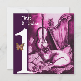 MUSIK KATZE Pink Fuchsia Erster Geburtstag Party Einladung