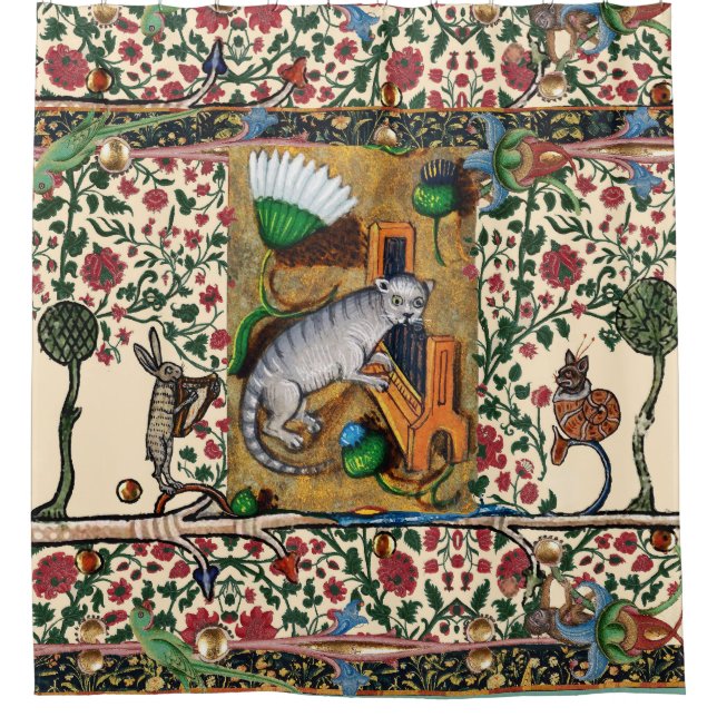 MUSIK, KATZSPIELORGAN, MEDIEVAL BESTIARY MUSIC DUSCHVORHANG (Vorderseite)
