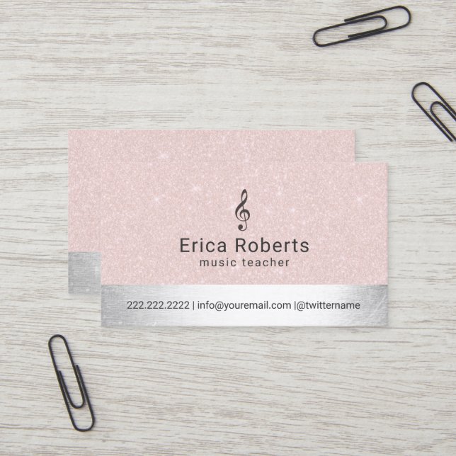 Musik-Lehrer erröten Rosa u. Silber-Musical Visitenkarte (Vorderseite/Rückseite Beispiel)