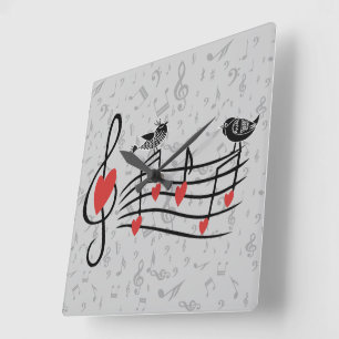 Musik-Liebe-Vögel auf grauen musikalischen Quadratische Wanduhr