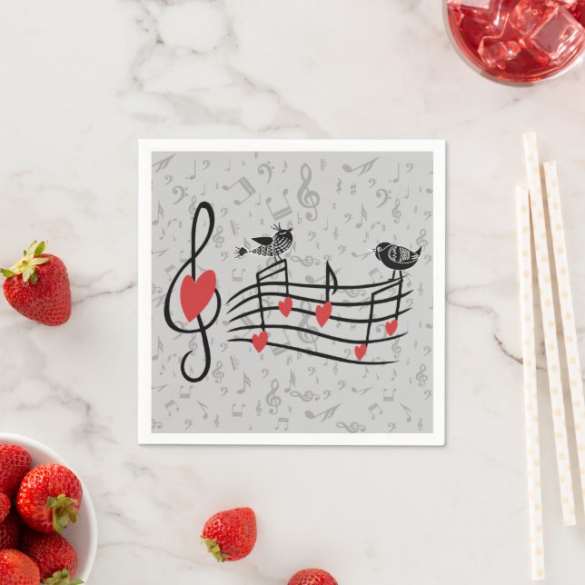 Musik liebt Vögel auf grauen musikalischen Notizen Serviette (Beispiel)