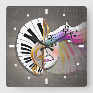 MUSIK-MASKEN-KLAVIER-TASTATUR-WANDUHR QUADRATISCHE WANDUHR