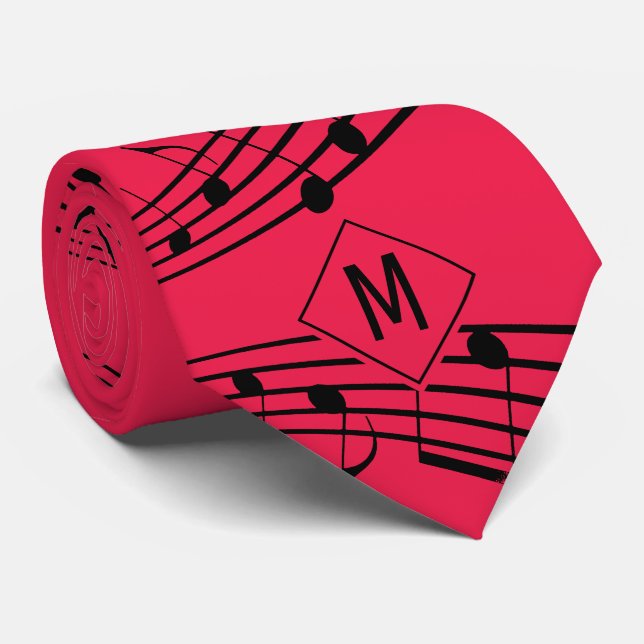 MUSIK NOTES Staves | Rotes Schwarz | Monogramm Krawatte (Gerollt)