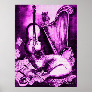 MUSIKALISCHE KATZE, Lila und Weiß Poster
