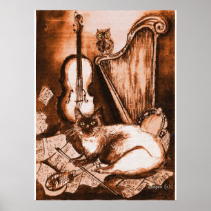 MUSIKALISCHE KATZE UND EULE ,Braun und Weiß Poster
