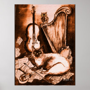 MUSIKALISCHE KATZE UND EULE ,Braun und Weiß Poster