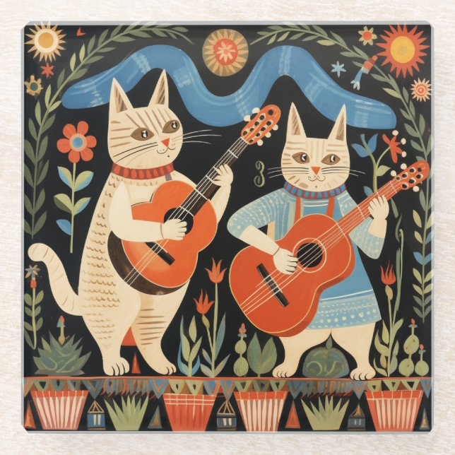 Musikalische Katzen Volkskunst Glasuntersetzer (Vorderseite)