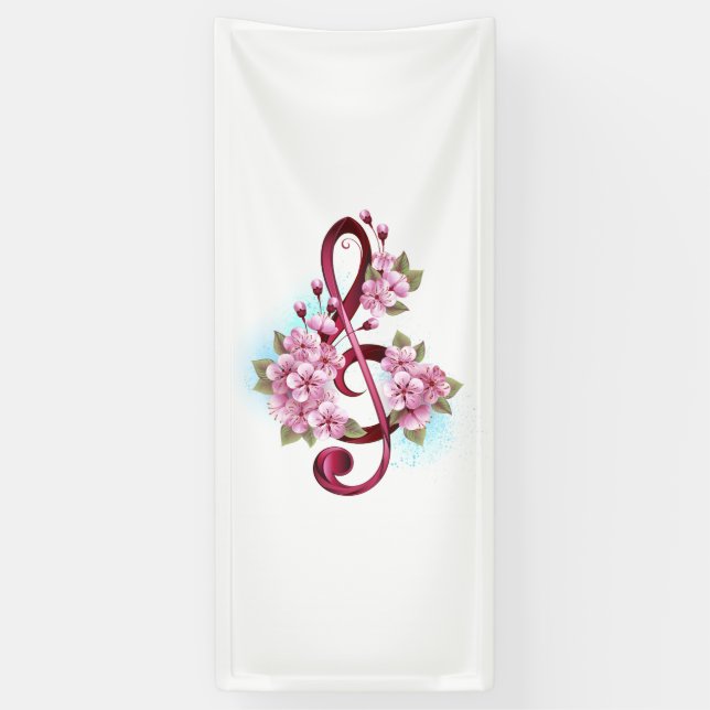 Musikalische Tischtennisnotizen mit Sakura-Blume Banner (Vertikal)