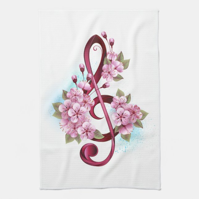 Musikalische Tischtennisnotizen mit Sakura-Blume Geschirrtuch (Vertikal)