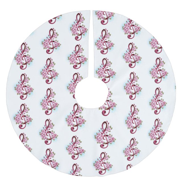 Musikalische Tischtennisnotizen mit Sakura-Blume Polyester Weihnachtsbaumdecke (Vorderseite)
