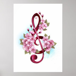 Musikalische Tischtennisnotizen mit Sakura-Blume Poster