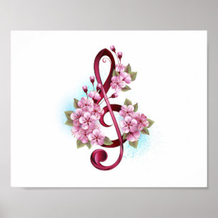 Musikalische Tischtennisnotizen mit Sakura-Blume Poster