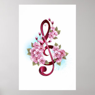 Musikalische Tischtennisnotizen mit Sakura-Blume Poster