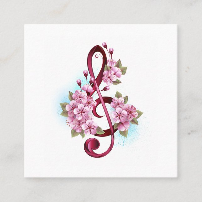 Musikalische Tischtennisnotizen mit Sakura-Blume Quadratische Visitenkarte (Vorderseite)