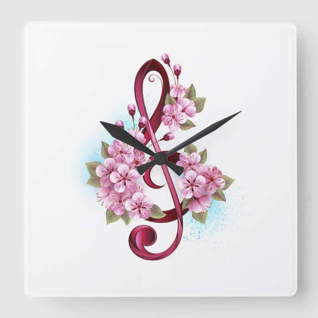 Musikalische Tischtennisnotizen mit Sakura-Blume Quadratische Wanduhr (Vorderseite)