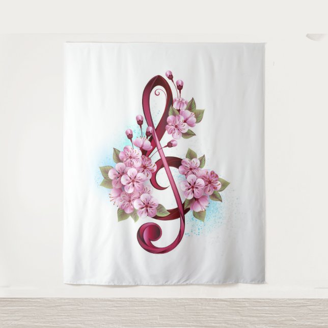 Musikalische Tischtennisnotizen mit Sakura-Blume Wandteppich (Vorderseite)