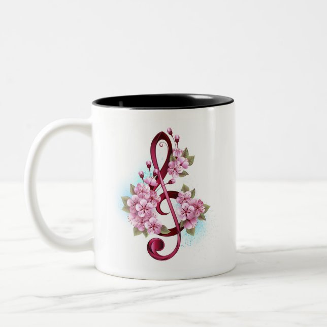 Musikalische Tischtennisnotizen mit Sakura-Blume Zweifarbige Tasse (Links)