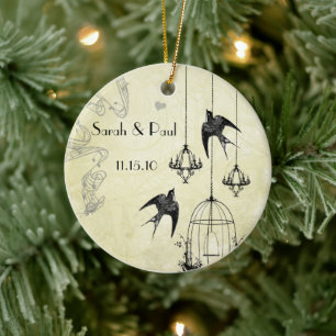 Musikalische Vintage Vögel Schwarz & Grau 3 Kronle Keramik Ornament