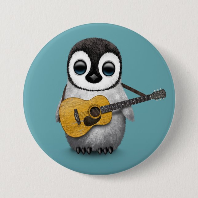 Musikalischer Baby-Pinguin, der Gitarren-Blau Button (Vorderseite)