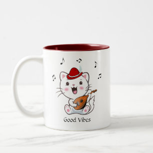 Musikalischer Barde Kitty Cat mit Mandoline Zweifa Zweifarbige Tasse