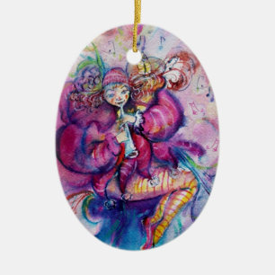 MUSIKALISCHER ROSAFARBENER CLOWN MIT EULE KERAMIK ORNAMENT