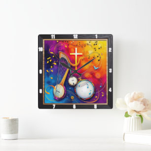 Musikalisches Kreuz Abstrakt Quadratische Wanduhr