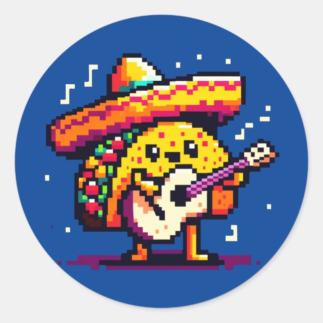 Musikalisches Taco: 8-Bit Fiesta Spaß Runder Aufkleber (Vorderseite)