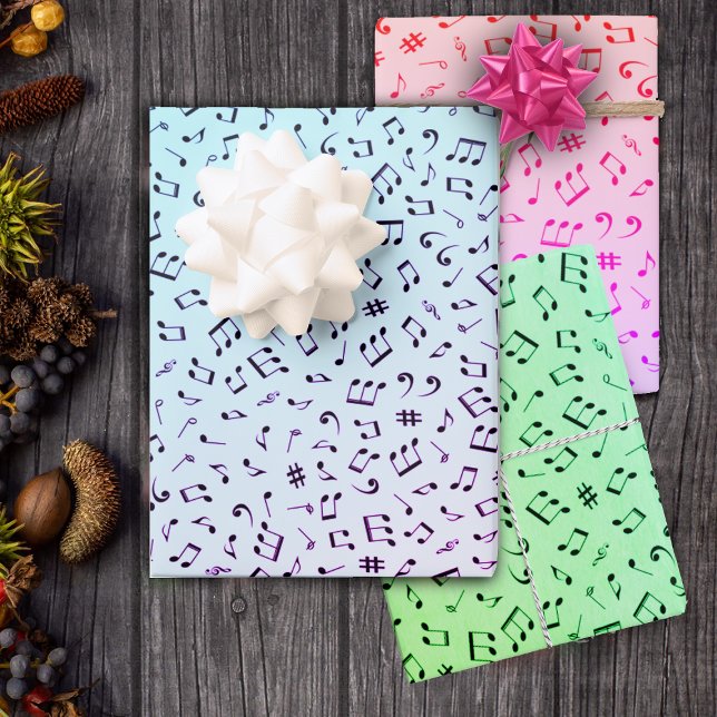 Musikalisches Thema Verschiedene Musiknoten farben Geschenkpapier Set (Variety of music notes on colourful backgrounds in blues, greens, pinks, purple gift wrapping sheets)