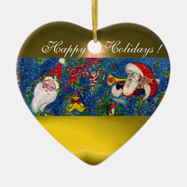 MUSIKCHRISTMAS NIGHT, SANTA BUGLER Gelbes Herz Keramikornament (Vorne)