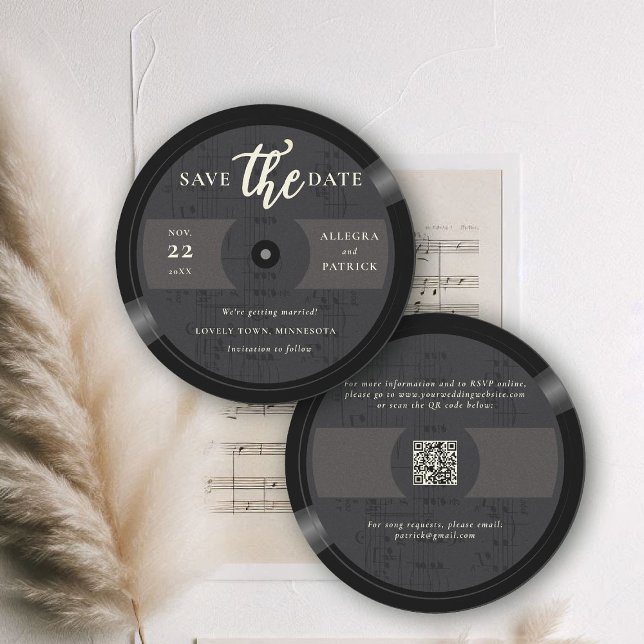 Musiker Hochzeit Speichern Sie das Datum Vinyl QR  Save The Date (music wedding save the date musician vintage vinyl record partition notes guitar QR black)